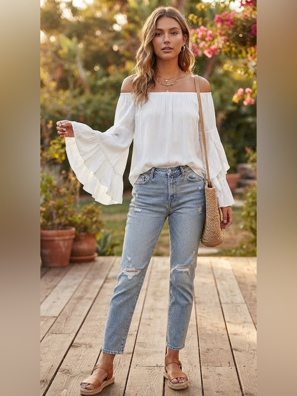 Elan White Off the Shoulder Ruffle Tiered Bell Sleeve Boho Blouse Size S